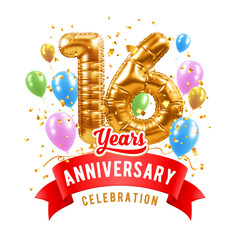16 Anniversary. Sixteen years birthday celebration. 3D realistic golden balloons shaped number 16, and red ribbon with text. Greeting template for jubilee, gala event. Isolated Vector Illustration