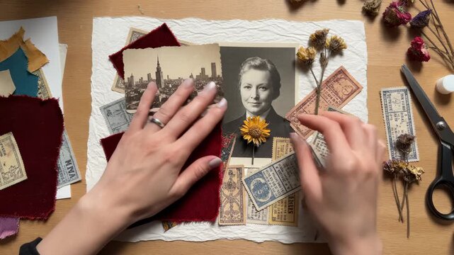 Woman Hands Making Vintage Art With Dried Flowers and S