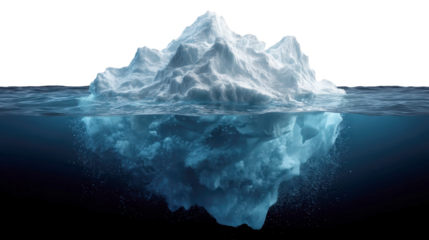 Iceberg floating in ocean water, showing both visible surface and vast underwater mass, representing hidden depths, complex challenges, and environmental concerns, on transparent background