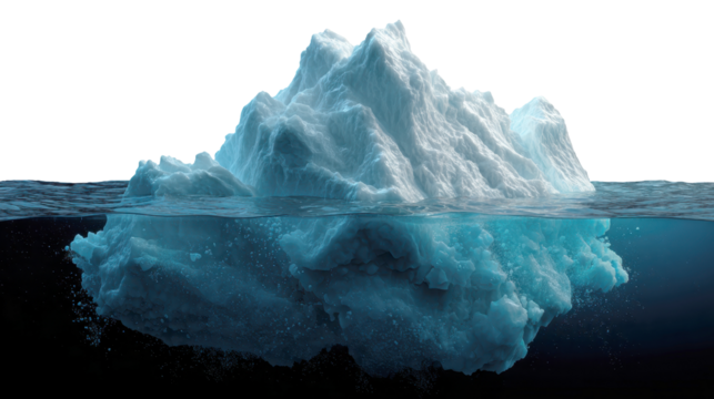 Iceberg floating in ocean water, showing exposed top and massive underwater portion, conceptualizing hidden danger, global warming, and environmental impact with transparent background
