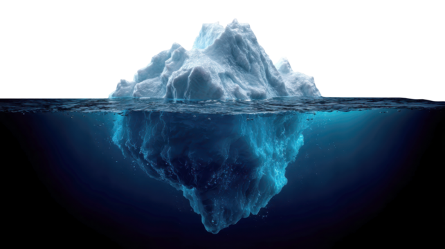 Large iceberg floating in deep blue ocean water, revealing its massive underwater structure and hidden depths, with a transparent background