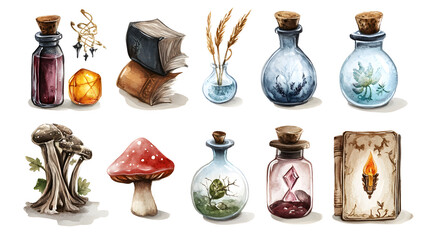 Mystical items including potions and books on display