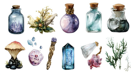 Mystical items with fantasy elements in watercolor art