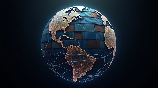 Digital earth globe made of shipping containers with glowing network lines, symbolizing global trade, logistics, and international supply chain connectivity