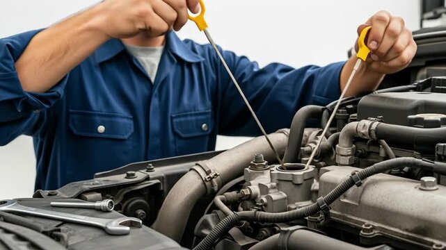 Mechanic in blue coveralls checks oil level in a vehicle engine compartment, tools visible