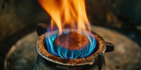 A small, round object is sitting on top of a stove burner, with a bright orange flame coming out of it. Concept of warmth and comfort, as the flame is a natural source of heat