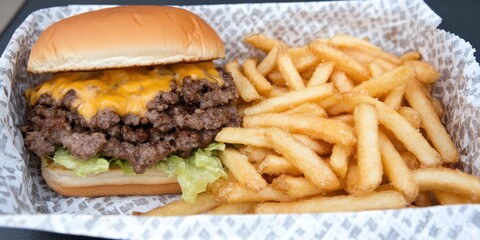 A burger with cheese and lettuce sits next to a basket of french fries. The burger is a double decker burger with a lot of meat and cheese. The fries are golden and crispy