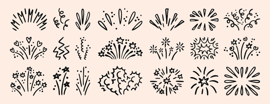 Festive firework explosion set isolated on white background. Vector illustration of hand drawn confetti burst effect, party firecracker sparks, abstract spiral doodles, lines with.
