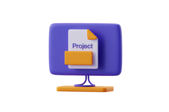 Modern 3D render of a computer monitor displaying a project document, perfect for business presentations and digital concepts