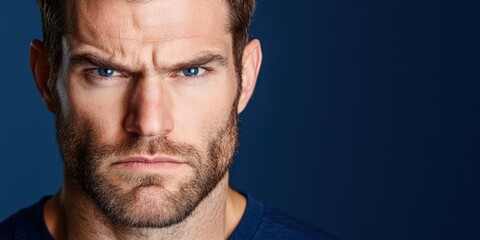 A man with a beard and blue eyes is staring at the camera. He has a serious expression on his face