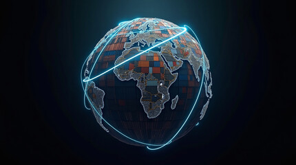 Global trade network concept featuring a stylized earth constructed from shipping containers, illuminated by glowing blue lines symbolizing interconnected trade routes across the continents