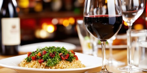 A delicious meal is served on a white plate with a side of wine. The wine glass is half full, and the wine is a rich, deep red color. The table setting is elegant and inviting, with a bottle of wine