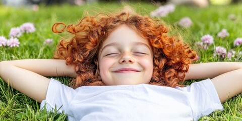 A young girl with red hair is laying on the grass and smiling. Concept of happiness and relaxation