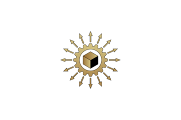 Golden gear with arrows emanating outward, representing innovation, progress, and business solutions in a modern design