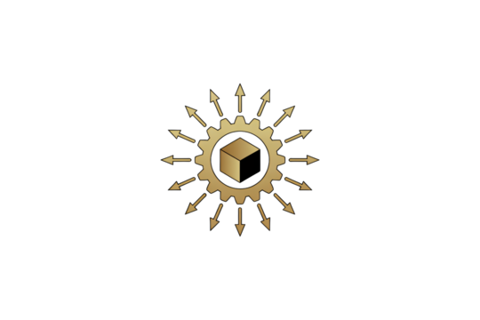 Golden gear with arrows emanating outward, representing innovation, progress, and business solutions in a modern design - Powered by Adobe