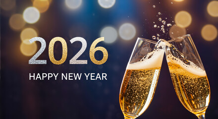 New Year 2026 celebration background with champagne flutes toasting and golden glitter bokeh