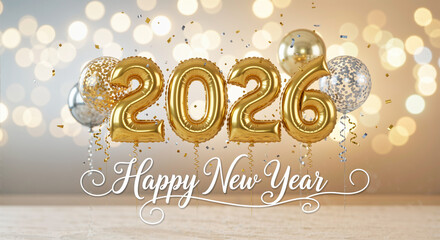 Happy New Year 2026 greeting with large golden foil balloon numbers and party bokeh background