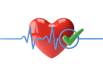 Healthy heart concept with red heart, blue heartbeat line, and green checkmark, symbolizing wellness and positive health outcomes