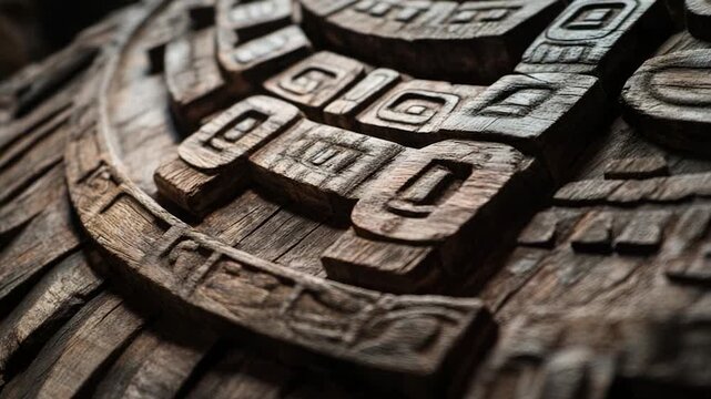 A close-up shot of a wooden object with letters engraved onto its surface