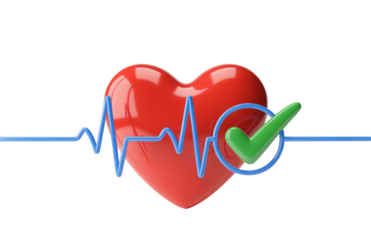 Healthy heart concept with red heart, blue heartbeat line, and green checkmark, symbolizing wellness and positive health outcomes
