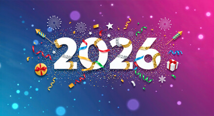 Happy New Year 2026 celebration background with festive ribbons, confetti, and fireworks