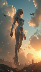 Futuristic silver humanoid against a dramatic sunset