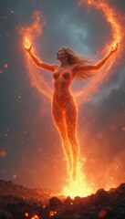 Ethereal woman emerging from fiery glow