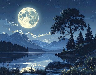 Night scene giant moon over tranquil lake and mountain range