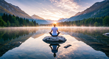 Person in lotus position meditating on a rock in a calm mountain lake at sunrise
