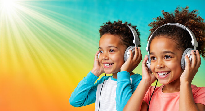 Happy kids listening to music with headphones