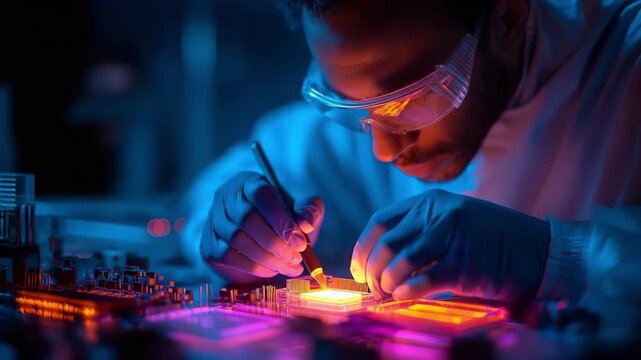 In a digital forensics lab dedicated to cybercrime investigations, a proficient technician examines electronic devices for evidence.