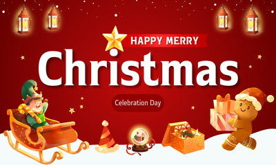 A vibrant, warm red Christmas banner illustration featuring an elf in a sleigh, a gingerbread man with gifts, and floating lanterns. Ideal for promotion, websites, or social media.
