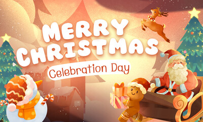 Naklejka premium A warm, illustrative Christmas scene with soft colors and stylized characters: Santa Claus in his sleigh, a flying reindeer, a snowman, and a gingerbread man against a snowy background.