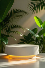 Obraz premium The bright summer sun shines on a tropical island pool bordered by green palm leaf plants and potted trees, reflecting the landscape in the water