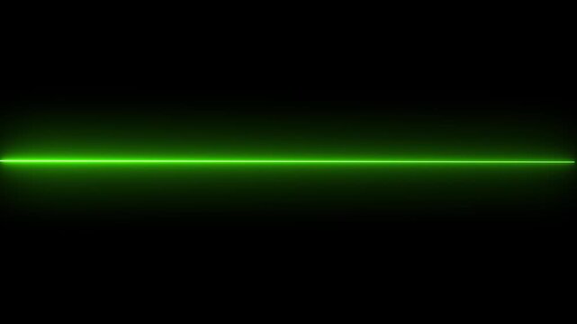 Glowing green neon straight neon lazer animation of horizontal line on black background, straight neon lazer line, seamless loop.