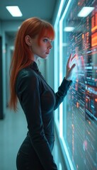 Woman interacting with futuristic digital interface