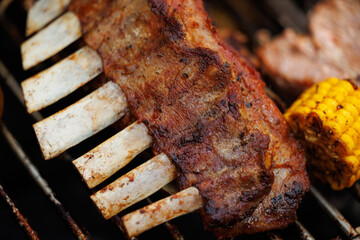 Juicy ribs and golden corn are grilled to perfection, creating a mouthwatering feast at a sunny outdoor gathering.