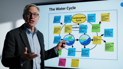 Lecturer Explains Water Cycle With Diagrams and Sticky Notes on Board - Powered by Adobe