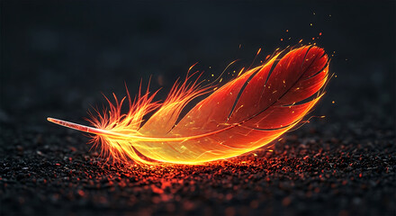 A vibrant feather glows with fiery intensity against a dark, textured background