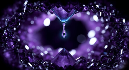 A mesmerizing amethyst geode with a single, luminous water droplet suspended in midair