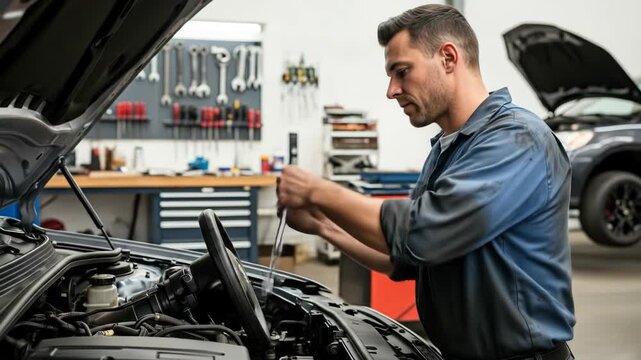 A mechanic, using a wrench, works on a car engine under the hood in a well-lit workshop
