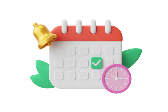 3D render of calendar with checkmark, bell, and clock, perfect for scheduling, reminders, and event planning