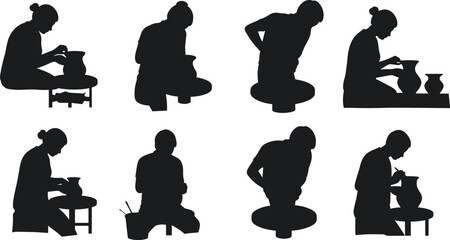 Silhouette of potter shaping clay vase on pottery wheel, ceramic artist crafting handmade pottery in creative workshop setting