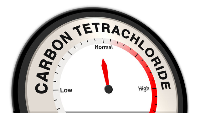 A visual representation of carbon tetrachloride (CCl₄) at normal levels, shown on a barometer or tachometer, illustrating balanced contamination with moderate environmental and health impact