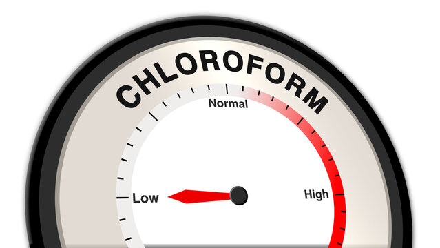 A visual representation of low chloroform levels, shown on a barometer or tachometer, indicating minimal contamination with manageable environmental and health impacts