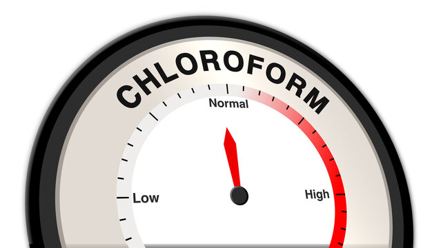 A visual representation of chloroform at normal levels, shown on a barometer or tachometer, illustrating balanced concentration with moderate environmental and health impact