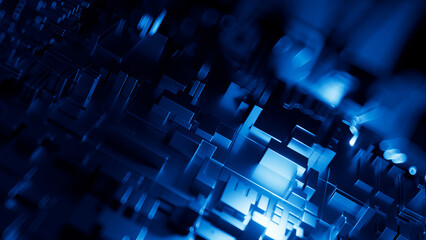 3D abstract sci-fi illustration with greeble effect. Futuristic tunnel of glowing metal blocks with depth of field, inspired by space and science fiction aesthetics.