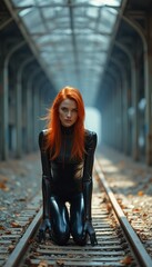 Striking woman in a sleek black outfit kneeling on railway tracks