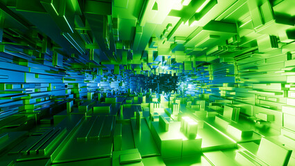 3D abstract geometric background with metallic blocks, blue and green neon lights, and depth of field.
