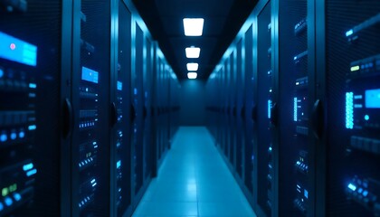 Illuminated server room hallway with rows of data racks, symbolizing technology and data storage, created with generative ai